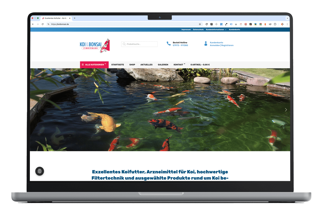 Webseite mit Online-Shop von koibonsai.de auf einem Apple MacBook Pro