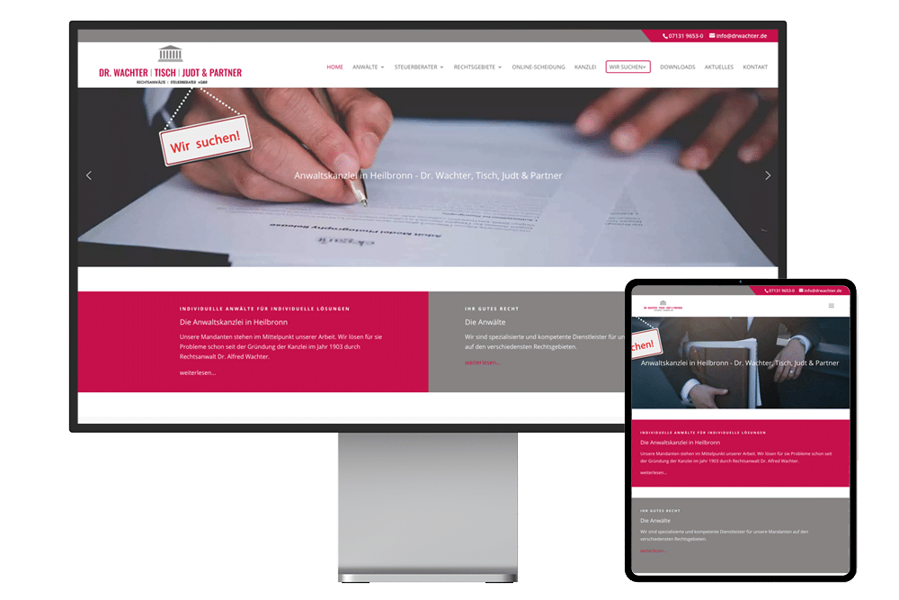 Webseite der Anwaltskanzlei Dr. Wachter, Tisch Judt und Partner wird mit der Startseite auf einem Pro Display XDR und daneben auf einem iPad Pro angezeigt