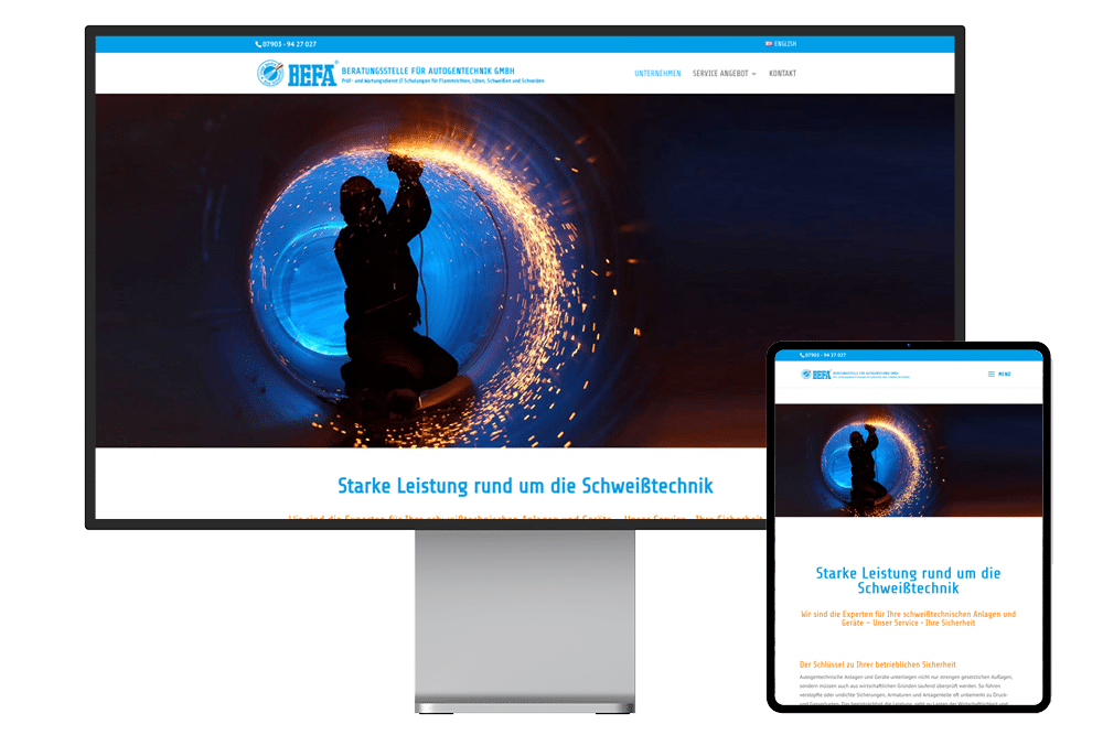 Webseite der BEFA Beratungsstelle für Autogentechnik GmbH wird mit der Startseite auf einem Pro Display XDR und daneben auf einem iPad Pro angezeigt