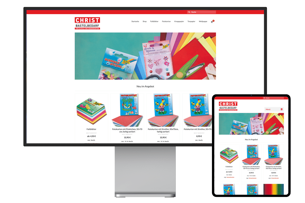 Die Webseite mit Online-Shop von Christ Bastelbedarf wird mit der Startseite auf einem Pro Display XDR und daneben auf einem iPad Pro angezeigt