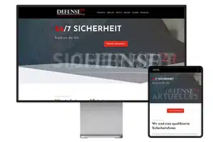 Die Webseite der Sicherheitsfirma Defense24 wird mit der Startseite auf einem Pro Display XDR und daneben auf einem iPad Pro angezeigt