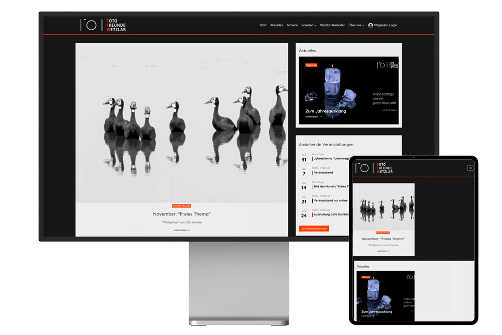 Webseite der Fotofreunde Wetzlar auf einem Bildschirm und daneben auf einem Tablet
