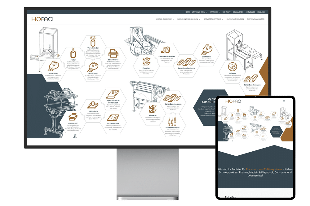 Webseite der HO-MA GmbH wird auf einem Pro Display XDR und daneben auf einem iPad Pro angezeigt