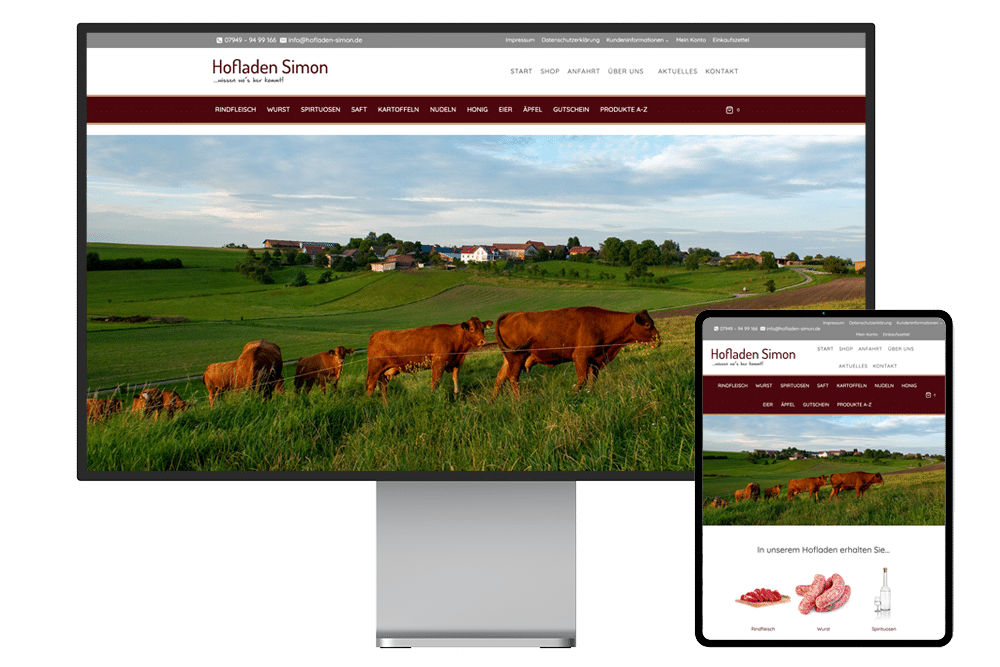Webseite des Hofladen Simon in Büchelberg auf einem Bildschirm und daneben auf einem Tablet