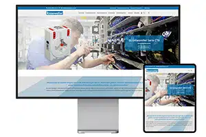 Webseite mit Online-Shop der Kiesewetter Messtechnik GmbH in Crailsheim auf einem Bildschirm und daneben auf einem Tablet