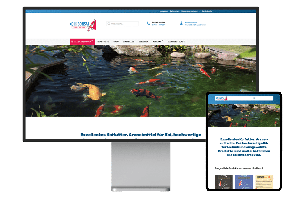 KoiBonsai Zimmermann, Webseite und Web-Shop KoiBonsai auf einem Bildschirm und daneben auf einem iPad