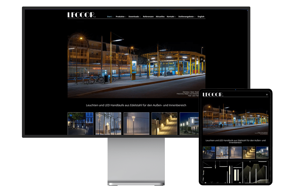 LECCOR Leuchten GmbH Webseite wird auf einem Pro Display XDR und daneben auf einem iPad Pro angezeigt