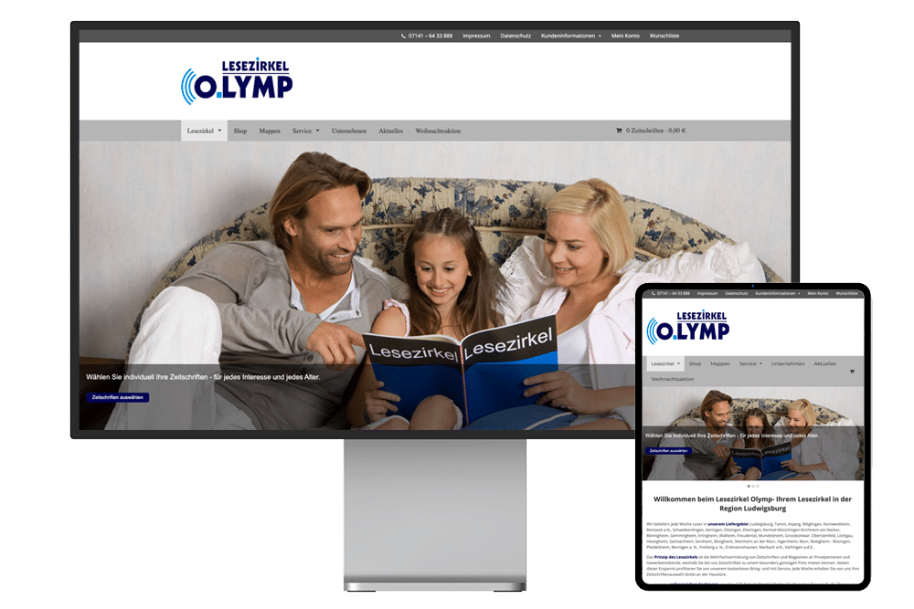 Webseite mit Online-Shop des Lesezirkel Olymp in Ludwigsburg auf einem Bildschirm und daneben auf einem Tablet