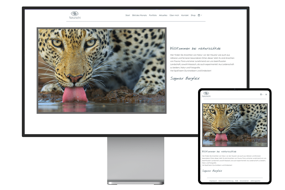 Webseite und Web-Shop des Natur- und Tierfotografen Dr. Siegmar Bergfeld auf einem Bildschirm und daneben auf einem Tablet