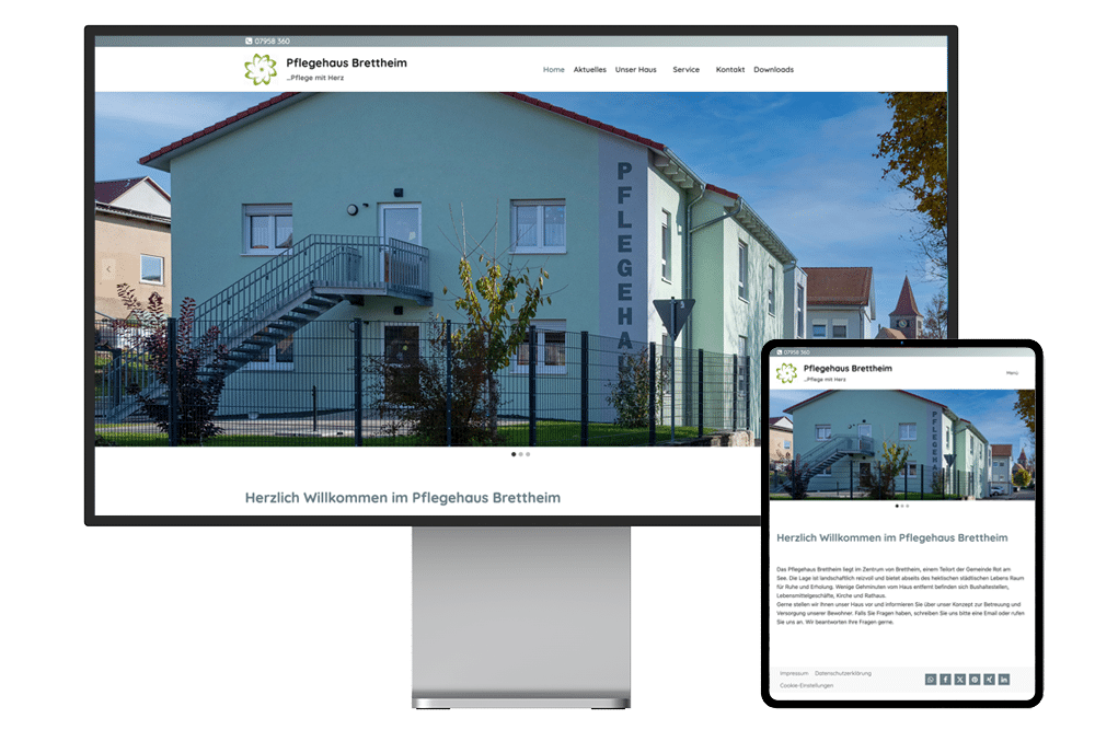 Startseite der Webseite des Pflegehaus Brettheim auf einem Bildschirm und daneben auf einem Tablet