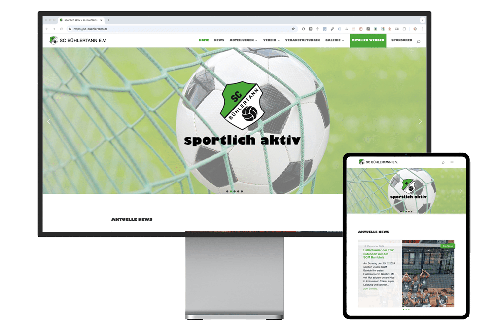 Webseite des SC Buehlertann auf einem Bildschirm und daneben auf einem Tablet