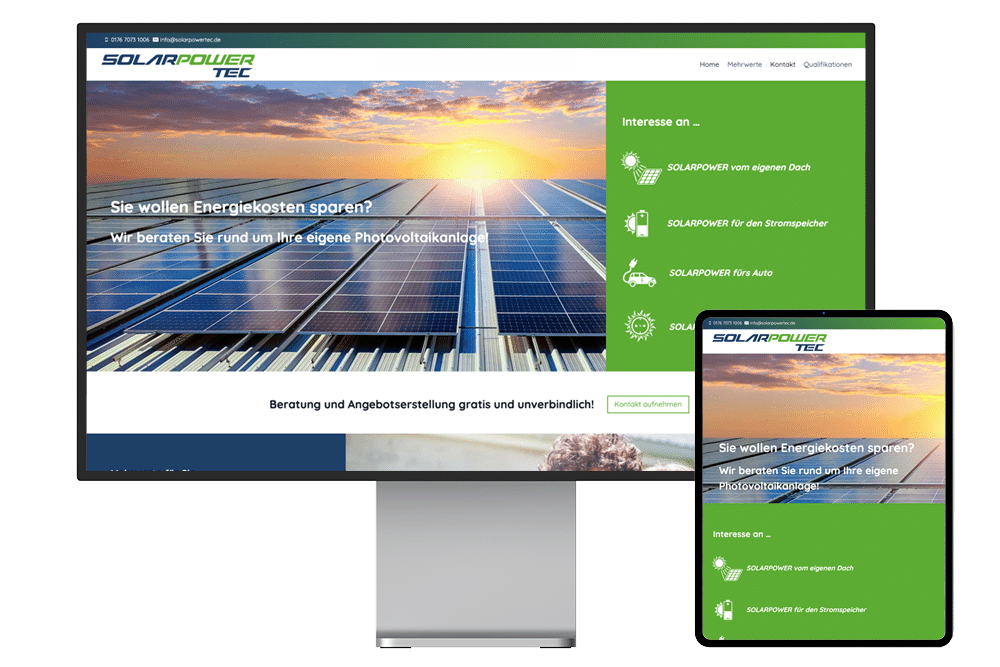 Webseite der Solarpower Tec GmbH auf einem Bildschirm und daneben auf einem Tablet