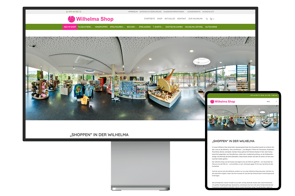 Wilhelma-Shop Webseite wird auf einem Pro Display XDR und daneben auf einem iPad Pro angezeigt