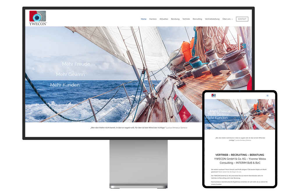 Webseite der YWECON GmbH & Co.KG die auf einem Pro Display XDR und daneben auf einem iPad Pro angezeigt wird