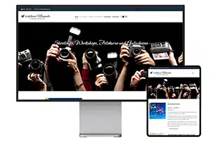 Webseite mit Online-Shop des Fotostudios sichtbare Momente aus Schwäbisch Hall auf einem Bildschirm und daneben auf einem Tablet