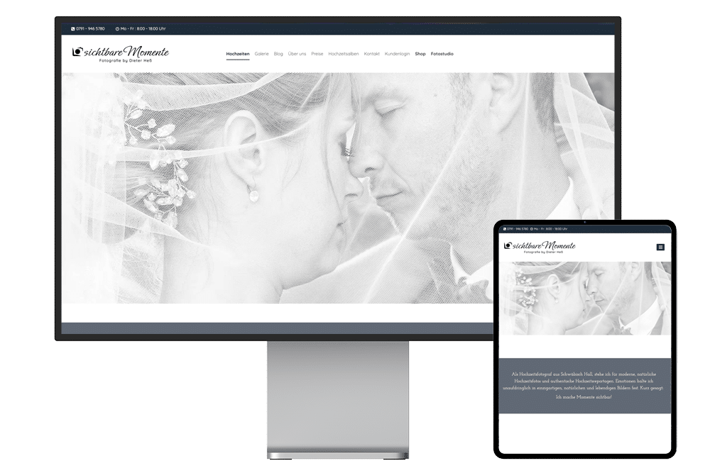 Webseite für Hochzeitsfotografie des Fotostudios sichtbare Momente auf einem Bildschirm und daneben auf einem Tablet