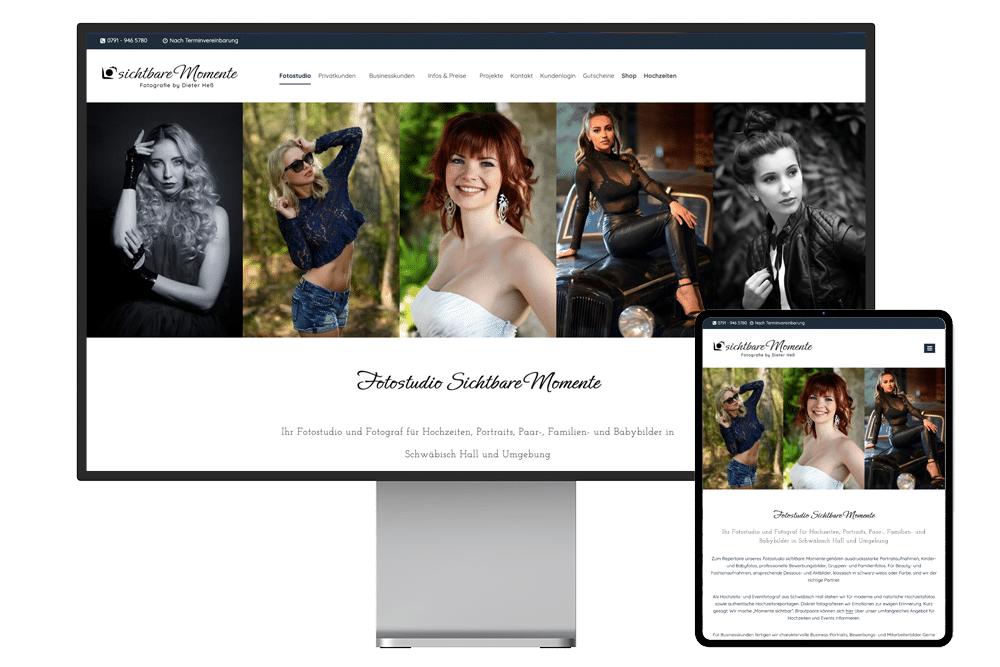 Webseite für Studiofotografie des Fotostudio sichtbare Momente auf einem Bildschirm und daneben auf einem Tablet
