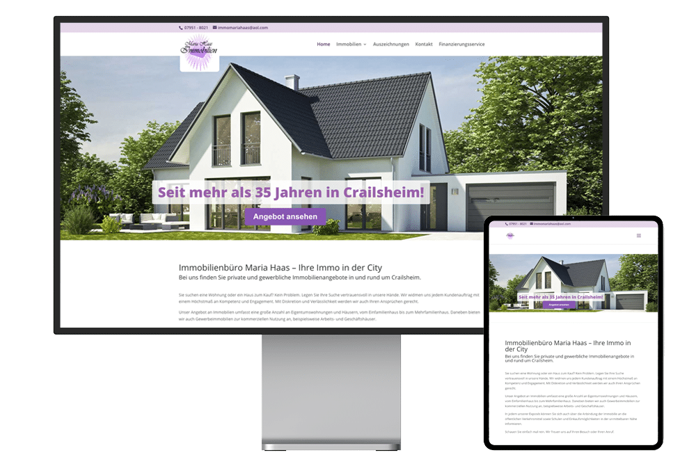 Die Webseite der Firma Maria Haas Immobilien wird auf einem Pro Display XDR und daneben auf einem iPad Pro angezeigt