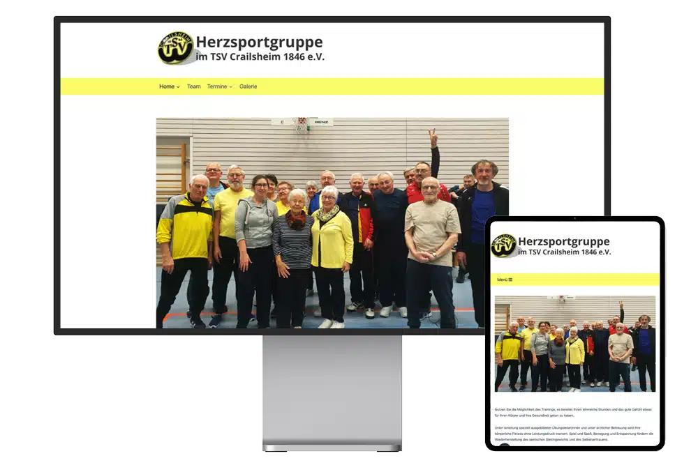 Die Startseite der Webseite der Herzsportgruppe Crailsheim im TSV Crailsheim 1846 e.V. wird auf einem Pro Display XDR und daneben auf einem iPad Pro angezeigt