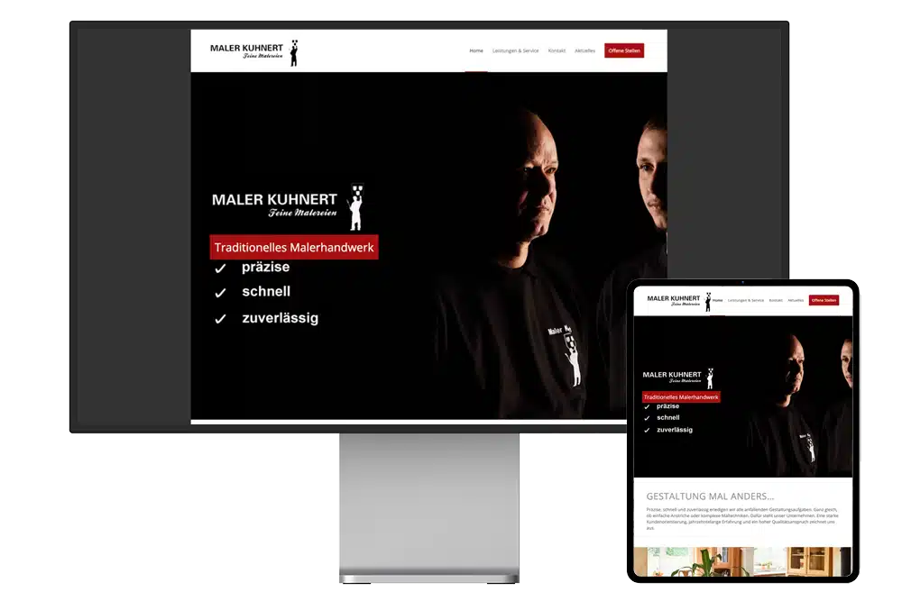 Die Startseite der Webseite des Malerbetrieb Kuhnert wird auf einem Pro Display XDR und daneben auf einem iPad Pro angezeigt