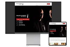 Die Startseite der Webseite des Malerbetrieb Kuhnert wird auf einem Pro Display XDR und daneben auf einem iPad Pro angezeigt