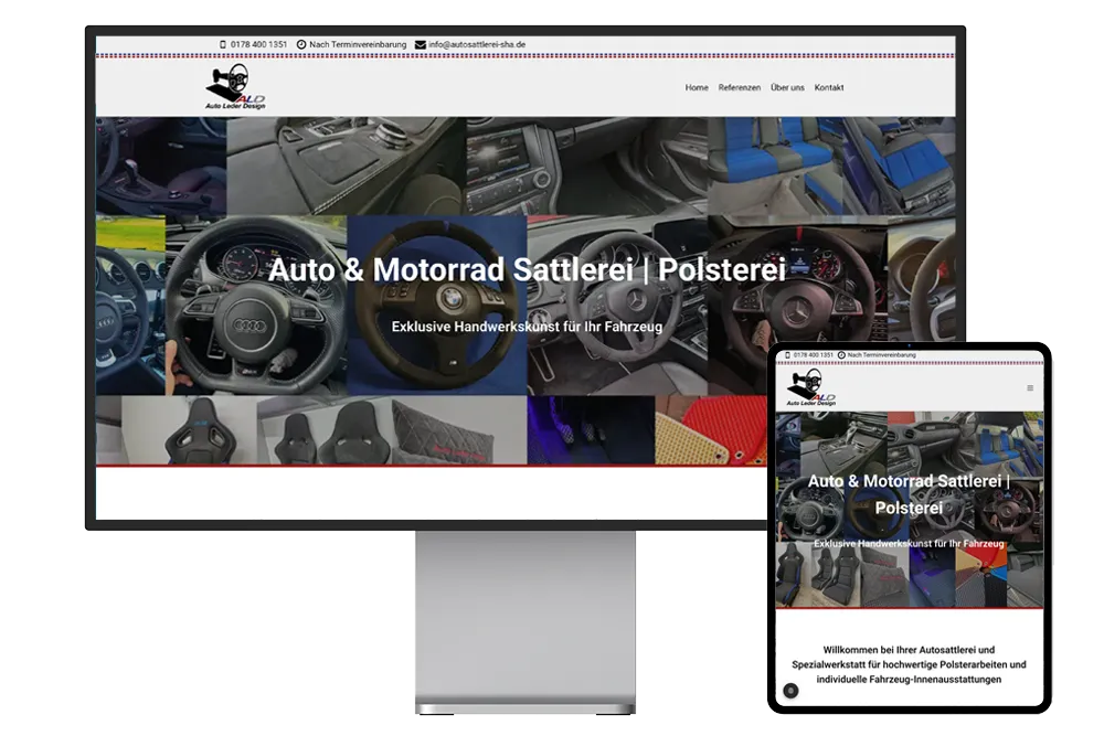 Die Webseite der Firma ALD Auto Leder Design wird mit der Startseite auf einem Pro Display XDR und daneben auf einem iPad Pro angezeigt